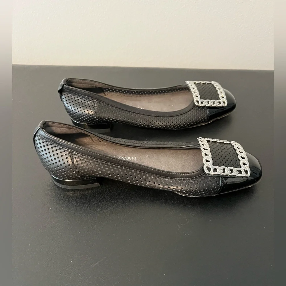 Stuart Weitzman Black Patent Leather Low Heels Flat Mesh Silver Buckle Size 5